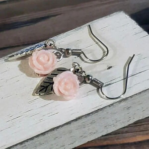 Handcrafted Antique Silver Leaf Light Pink Lucite Rose Dangle Earrings